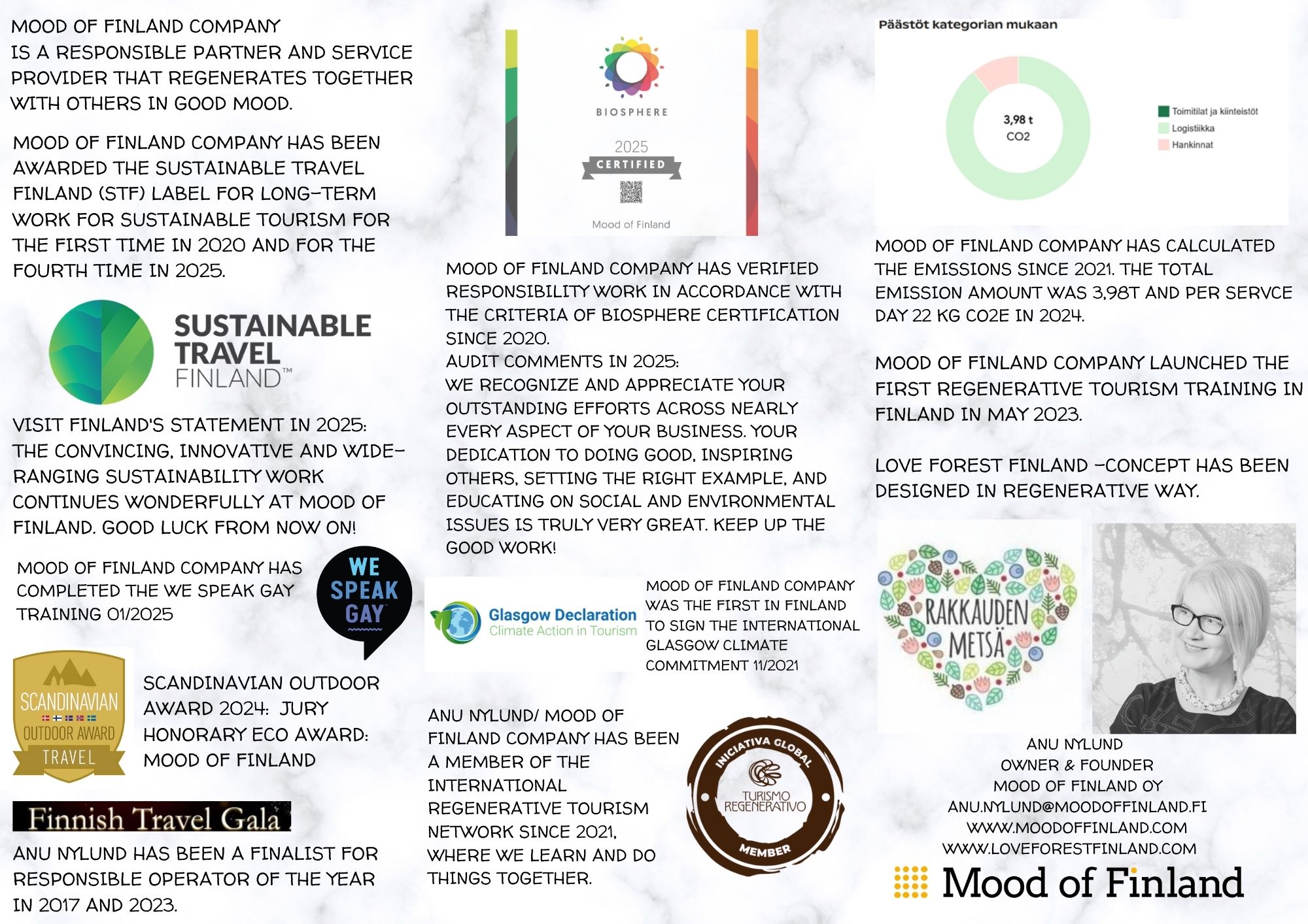 Mood of Finland has achieved the Biosphere certificate and Sustainable Travel Finland Label since 2020. Mood of Finland company is a forerunner in Regenerative tourism in Finland